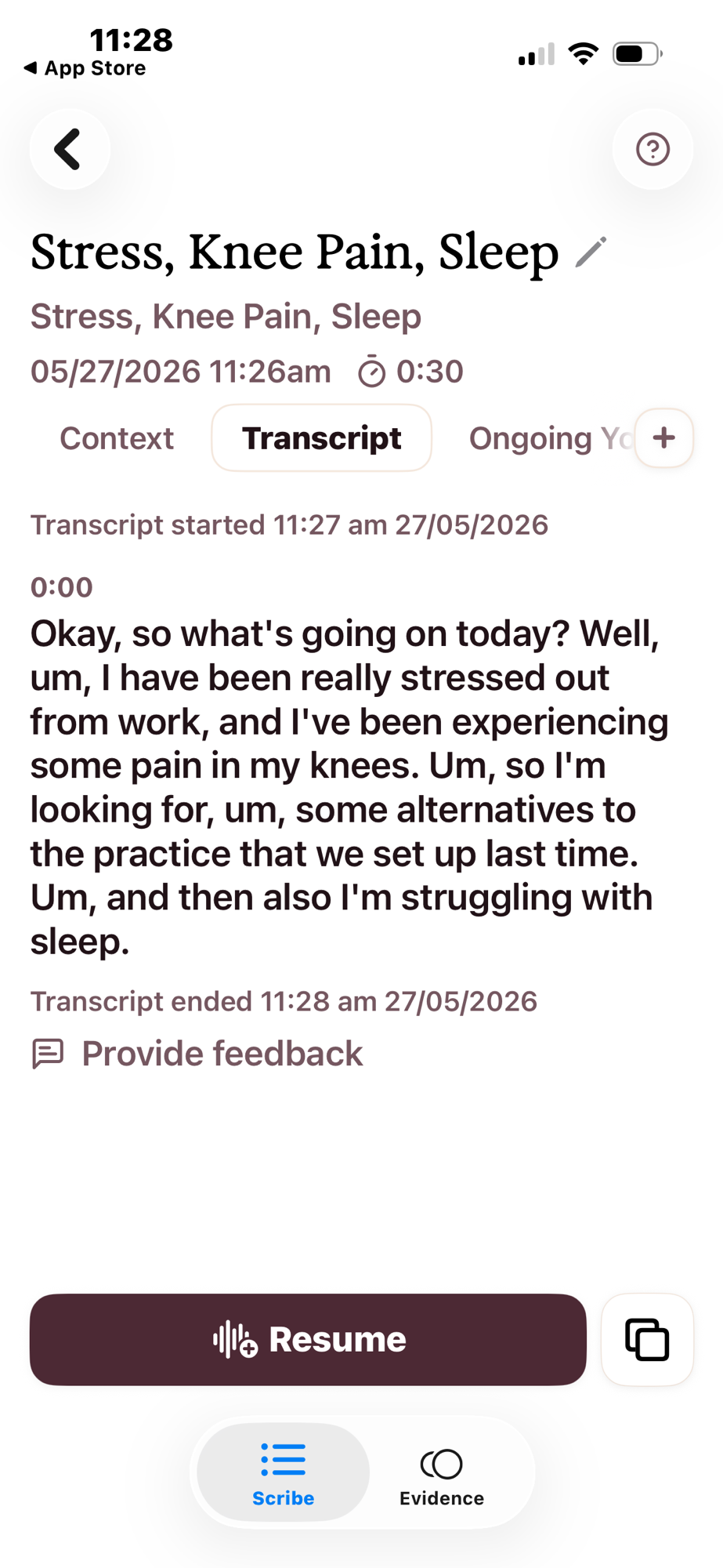 Heidi app showing session transcript