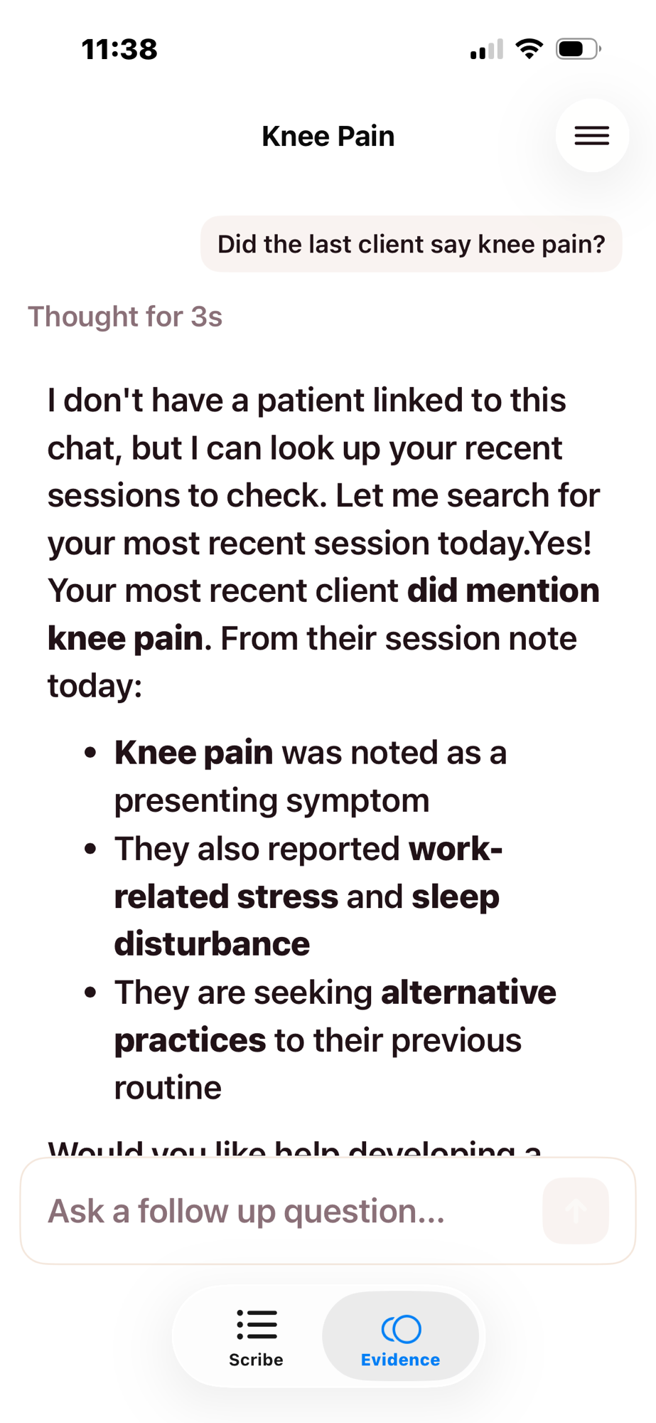Heidi app Evidence chat answering question about knee pain