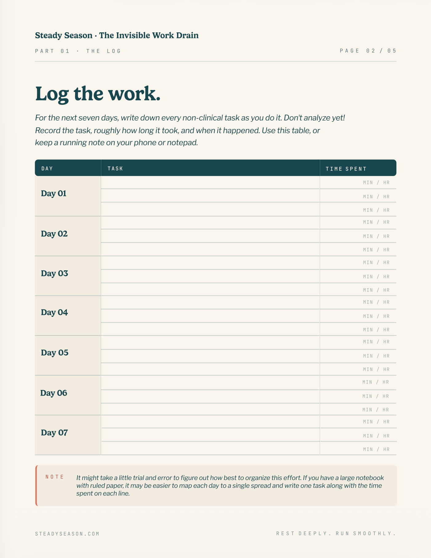 Invisible Work Drain worksheet log page