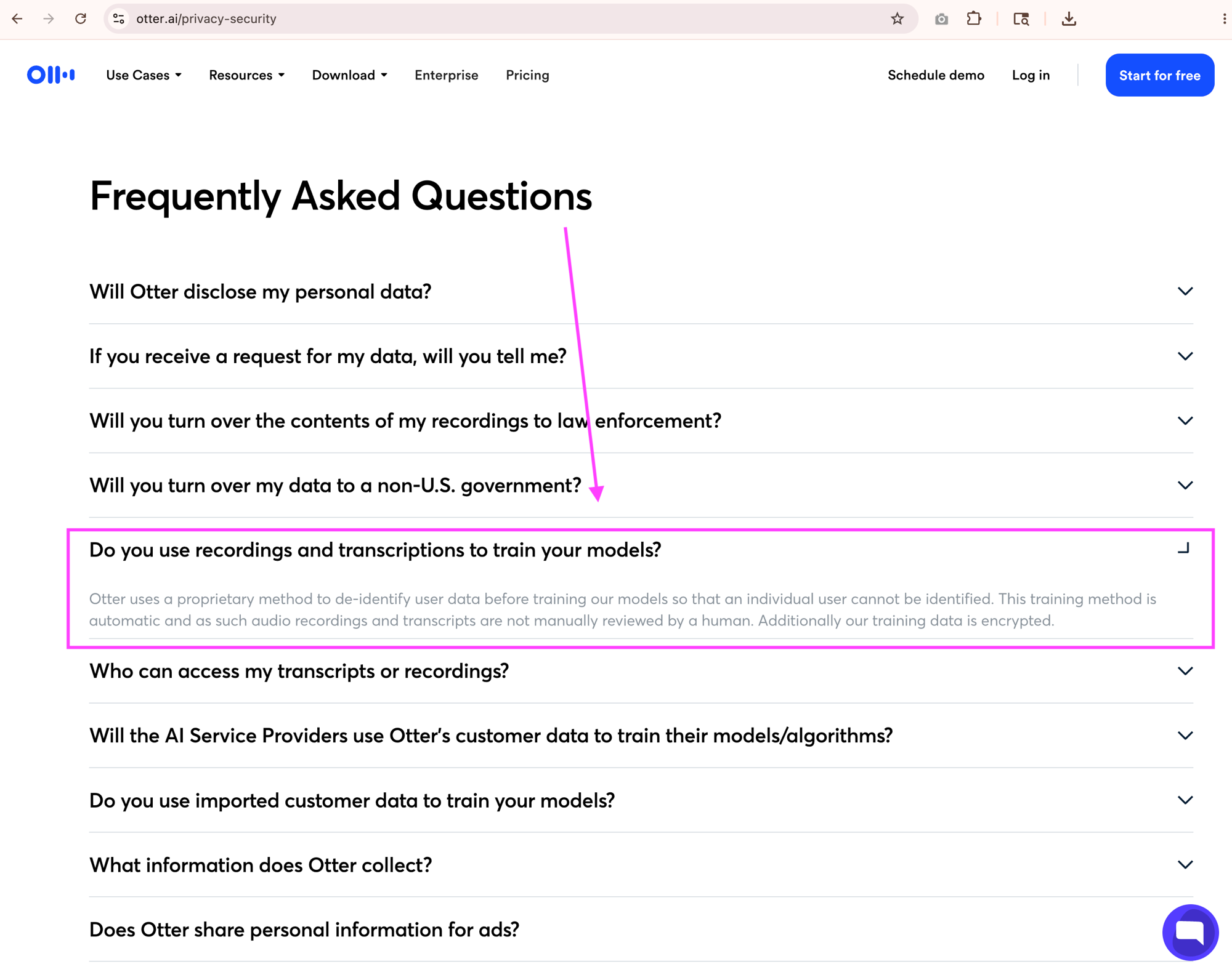 Otter.ai pricing page showing HIPAA compliance only available on Enterprise tier